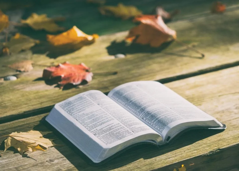 Open Bible on a wooden table with autumn leaves