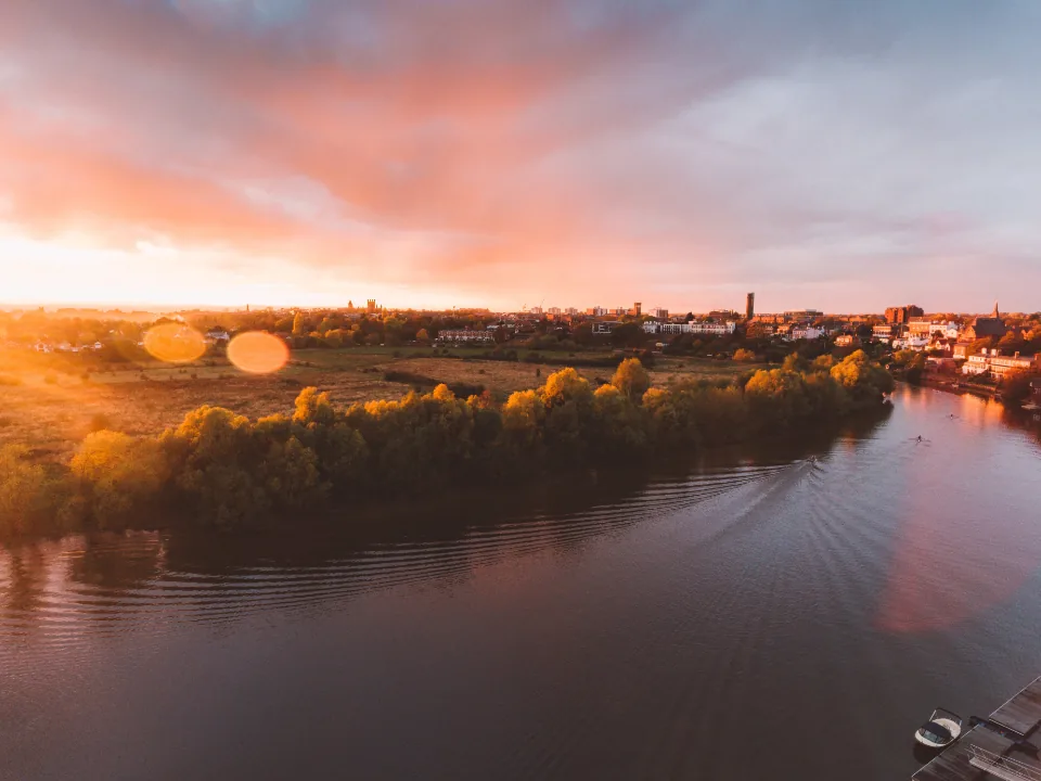 River at sunset seen from above